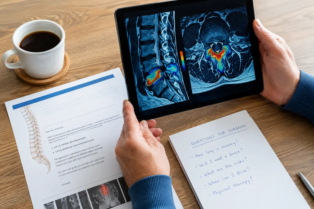 Patient prüft eine Wirbelsäulen-MRT auf einem Tablet mit chirurgischen Notizen